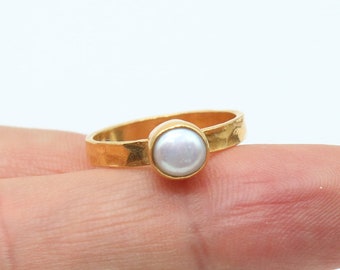 Hammered Sterling Silver Pearl Ring, 24K Gold Over Minimalist Band