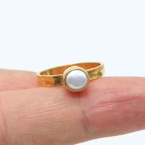 Pearl Ring Solid Silver Hammered Sterling Silver  handmade 24K Gold Over Stackable Ring  Minimalist Ring Dainty Ring