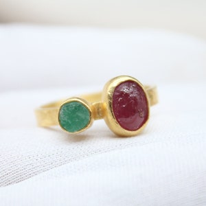 Natural Ruby And Emerald Sterling Silver 925K Gold Over 24K Handmade Hammered Band Ring