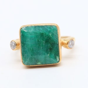Natural Emerald Ring Solid Silver  925K Sterling Silver  24K Gold Vermeil  Dainty Ring  Authentic Ring  Hammered Ring Roman Art Greek Rings