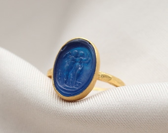 Intaglio Glass Ring, 24k Gold Over Sterling Silver, Roman Carving