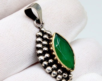 Handmade Vintage Emerald Silver Pendant, Gift for Her
