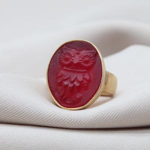 Owl Intaglio Ring, Handmade Glass Cameo, 925 Sterling Silver Gold Plated, Greek Mythology Jewelry, Unique Gift for Her, Mother&#39;s Day