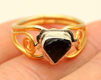 Raw Moldavite 925k Sterling Silver Ring, 24k Gold Coated