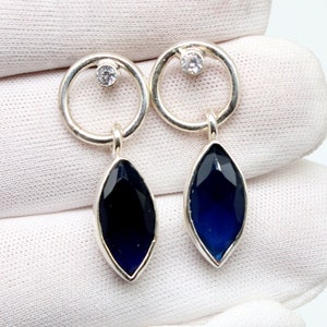 Marquise Cut Sapphire Silber Ohrringe Birthstone Ohrringe Runde Facettierter tiefblauer Sapphire Ohrringe Heller Muttertag