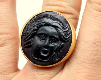 Medusa Intaglio Glass Ring, 24k Gold Over Sterling Silver