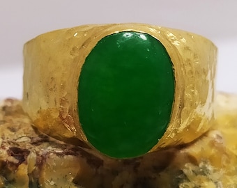 Men's Jade Ring, 24K Gold Vermeil, 925K Sterling Silver Hammered Band