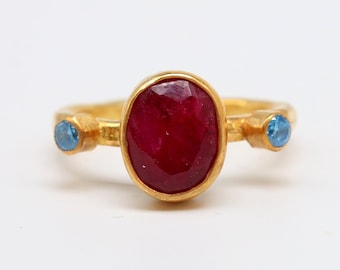 Raw Ruby Sterling Silver Ring, 24k Gold Plated
