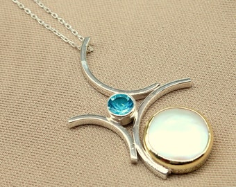 Pearl Sterling Silver Necklace, Hammered Artisan Jewelry