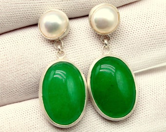Jade and Pearl Silver Earrings Silver Sterling Dangle Earrings 24k Gold Over Green Stone Earrings Birthstone Dainty Gift
