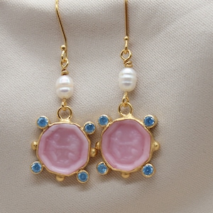 Pearl and Pink Glass Intaglio Silver Earrings, Handmade Gift, Christmas Gift, Gift For Her, Unique Gift, Vintage Style, Greek Jewelry