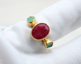 Raw Emerald and Ruby Sterling Silver 925K Gold Over 24K Handmade Hammered Band Ring