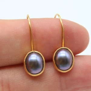Black Pearl Dangle Earrings, 925 Sterling Silver, 24k Gold Over