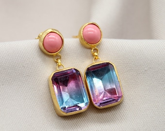 Tourmaline Coral Dangle Earrings, 925 Sterling Silver