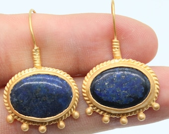 Handmade Lapis Lazuli Dangle Earrings, 24k Gold Vermeil Sterling Silver