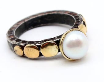 Hammered Sterling Silver Pearl Ring, 24K Gold Over Handmade Ring