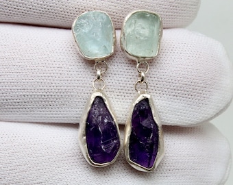 Raw Amethyst and Raw Aquamarine Silver Earrings  925K Sterling Silver  Elegant Earrings Authentic Silver Earrings Amethyst Silver Earring