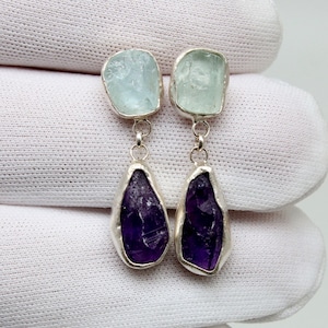Rohe Amethyst und rohe Aquamarin Silber Ohrringe 925K Sterling Silber Elegante Ohrringe Authentische Silber Ohrringe Amethyst Silber Ohrring