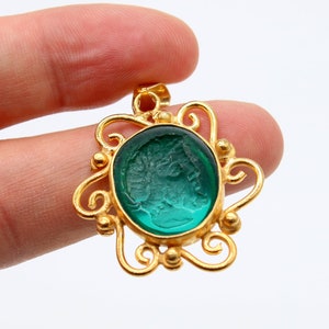 Intaglio Glass Silver Pendant \\ Greek Mythology Carving Style \\ Genuine Glass Carving \\ Vintage Intaglio Glass Necklace \\ Gift For Her