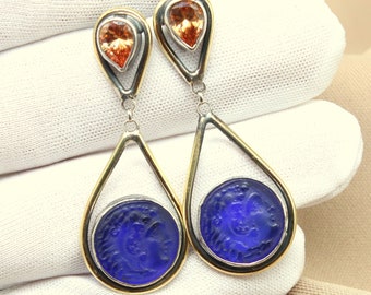 Intaglio Glass Sterling Silver Earrings, Greek Mythology Carving, Citrine Accent