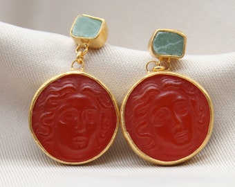 Intaglio Glass Apollo  and Raw Emerald  Silver Stud  Earrings Greek Jewelry