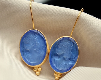 Medieval Female Figure Intaglio Glass Silver Earrings \\ Greek Mythology Carving Style