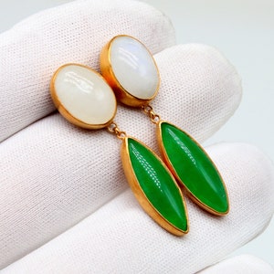 Jade and Moonstone Silver Stud Earrings Silver Sterling Dangle Earrings 24k Gold Over Green Stone Earrings Birthstone Dainty Gift