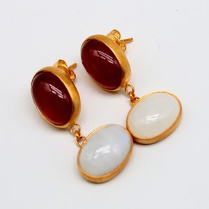 Mondstein und Karneol Silber Ohrringe Silber Sterling baumeln Ohrringe 24k Gold über braune Stein Ohrringe Birthstone zierliches Geschenk