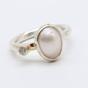 Hammered Sterling Silver Pearl Ring, 24K Gold Accent