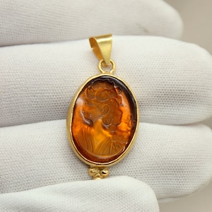 Intaglio Glass Silver Pendant \\ Greek Mythology Carving Style \\ Genuine Glass Carving \\