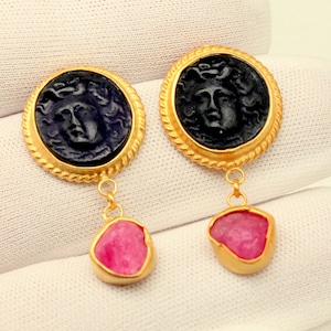 Intaglio Glass Medusa and Raw Ruby Stud Silver Earrings
