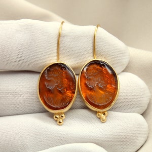 Medieval Female Figure Intaglio Glass Silver Earrings \\ Greek Mythology Carving Style