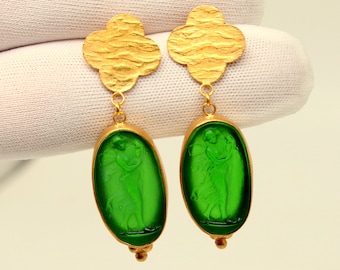 Intaglio Glass Silver Earrings \\ Greek Mythology Carving Style \\ Genuine Glass Carving \\ Angel Intaglio Glass Earrings \\ Gift For Her