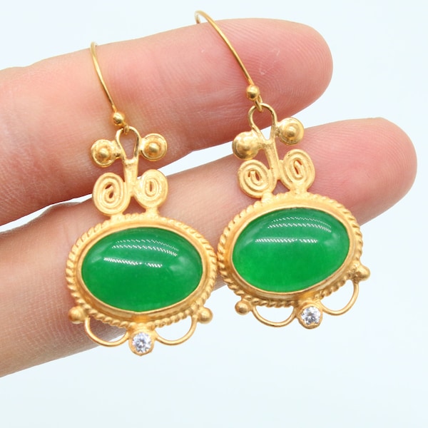 Jade Silver Earrings Silver Sterling Dangle Earrings 24k Gold Over Green Stone Earrings Birthstone Dainty Gift For Her Personalized Gift