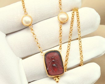 Pearl Bee Intaglio Necklace, 24k Gold over Sterling Silver, Ancient Style
