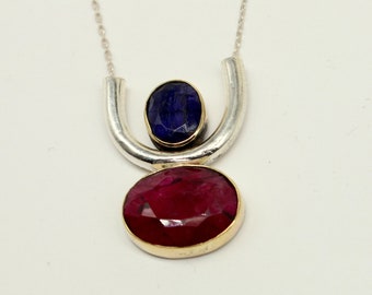 Ruwe edelsteen robijn en saffier zilveren ketting, ketting zilver robijn ketting, ruwe edelsteen ketting saffier ketting Moederdag