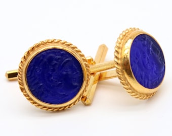 Angel Intaglio Glass Cuff Links, Greek Mythology, 24K Gold over Sterling Silver