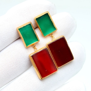 Jade and Carnelian Sterling Silver Dangle Earrings: 24k Gold Over