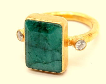 Natural Emerald Ring Solid Silver  925K Sterling Silver  24K Gold Vermeil  Dainty Ring  Authentic Ring  Hammered Ring Roman Art Greek Rings