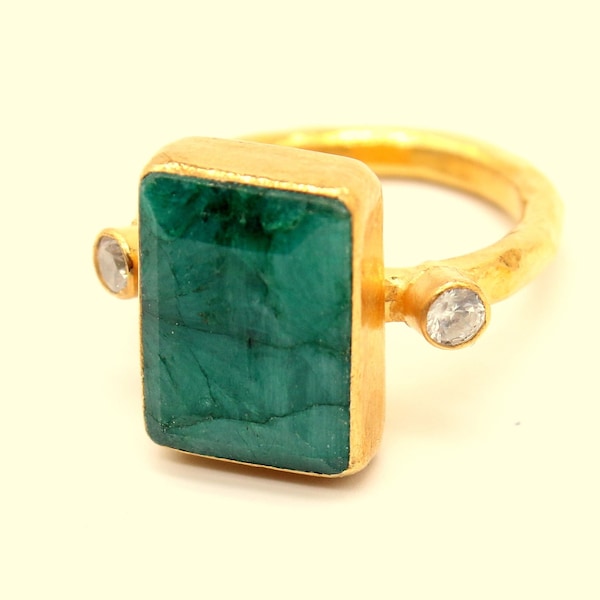 Natural Emerald Ring Solid Silver  925K Sterling Silver  24K Gold Vermeil  Dainty Ring  Authentic Ring  Hammered Ring Roman Art Greek Rings