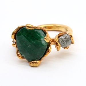 Natural Emerald Ring Natural Diamond Silver Ring  925K Sterling Silver  24K Gold Vermeil Authentic Ring Hammered Ring Roman Art Greek Rings