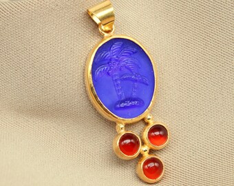 Intaglio Glass Palm Pendant, 925k Sterling Silver, Greek Carving