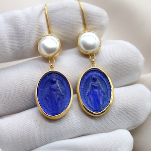 Intaglio Virgin Mary and Pearl Silver Earrings Handmade Silver Jewelry
