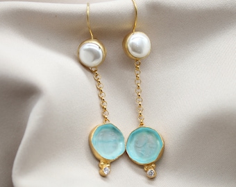 Pendientes colgantes de plata con perla y diosa griega de cristal intaglio, joyería griega