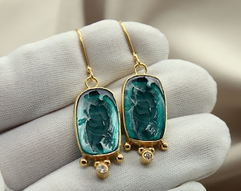 Goddess Aphrodite Intaglio Glass Silver Earrings