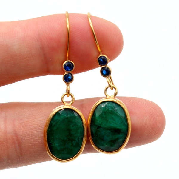 Emerald Silver Earrings Green Stone Earrings 24k Gold Over Vermeil Earrings Birthstone Christmas Earrings Dainty Gift