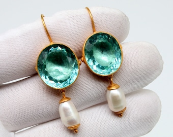 Paraiba Tourmaline Earrings, 24k Gold Sterling Silver Dangle Earrings