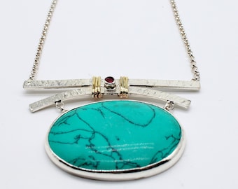 Hammered Sterling Silver Turquoise Necklace, Artisan Jewelry (45cm)
