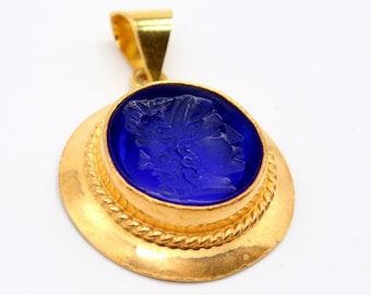 Intaglio Glass Pendant, 925K Sterling Silver, Greek Carving Necklace
