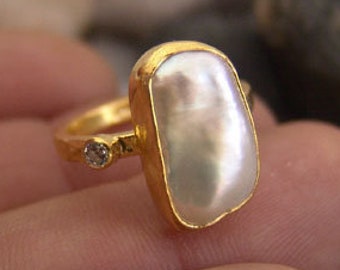 Anillo de perlas plata maciza martillada plata de ley hecha a mano oro de 24K sobre anillo apilable anillo minimalista anillo delicado